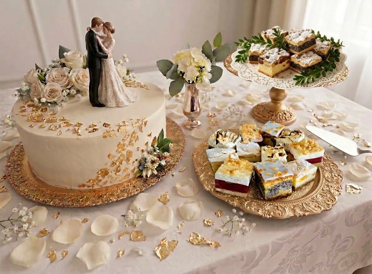 Tort weselny i słodki stół z kołoczem, kwiatami i eleganckimi dekoracjami